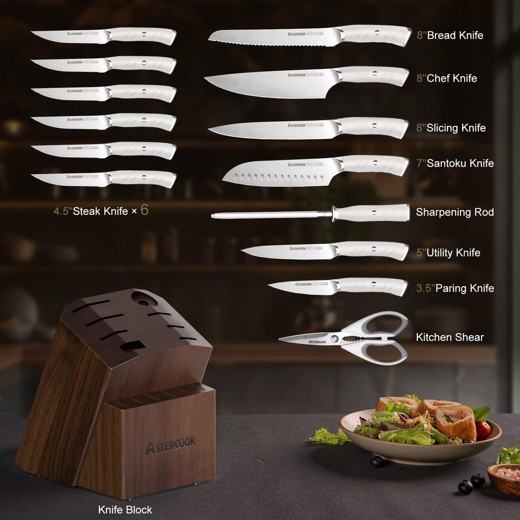 Knife Set, Astercook Kitchen Knife Set with Block, 15 Pcs Luxurious High Carbon German Stainless Steel Knives Set with Full Tang Ergonomic Handle, Dishwasher Safe Knife Set with Sharpening Rod, White