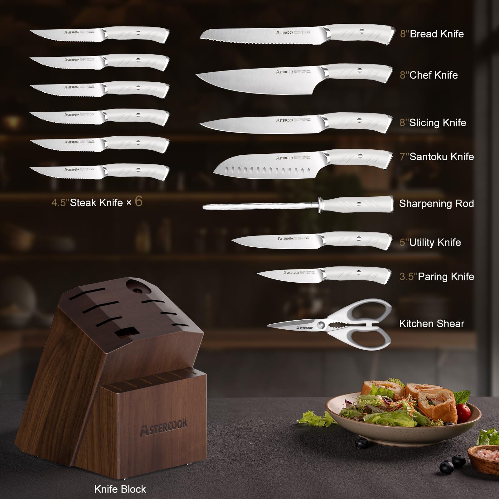Knife Set, Astercook Kitchen Knife Set with Block, 15 Pcs Luxurious High Carbon German Stainless Steel Knives Set with Full Tang Ergonomic Handle, Dishwasher Safe Knife Set with Sharpening Rod, White