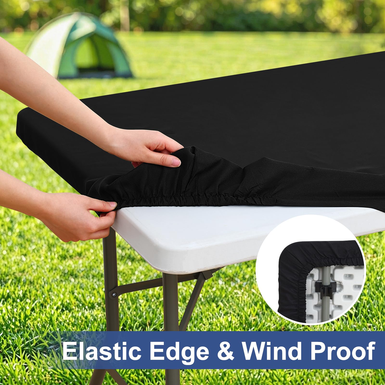 homing Rectangle Table Cloth Cover, Water-Resistant Polyester Elastic Fitted Tablecloth, Fits for 4 Foot Folding Tables, Washable Table Protector for Picnic, Camping, Outdoor (Black, 24" x 48")