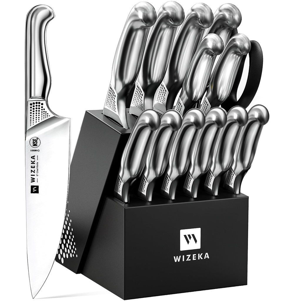 WIZEKA Kitchen Knife Set with Block and Sharpener German Steel 15 Piece