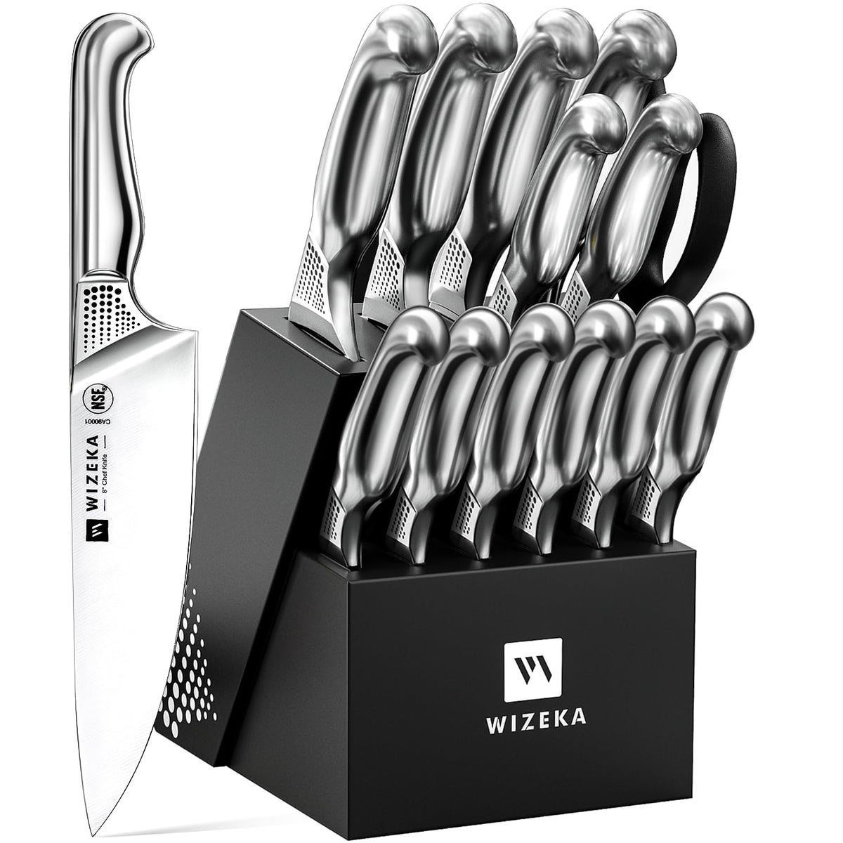 WIZEKA Kitchen Knife Set with Block and Sharpener German Steel 15 Piece