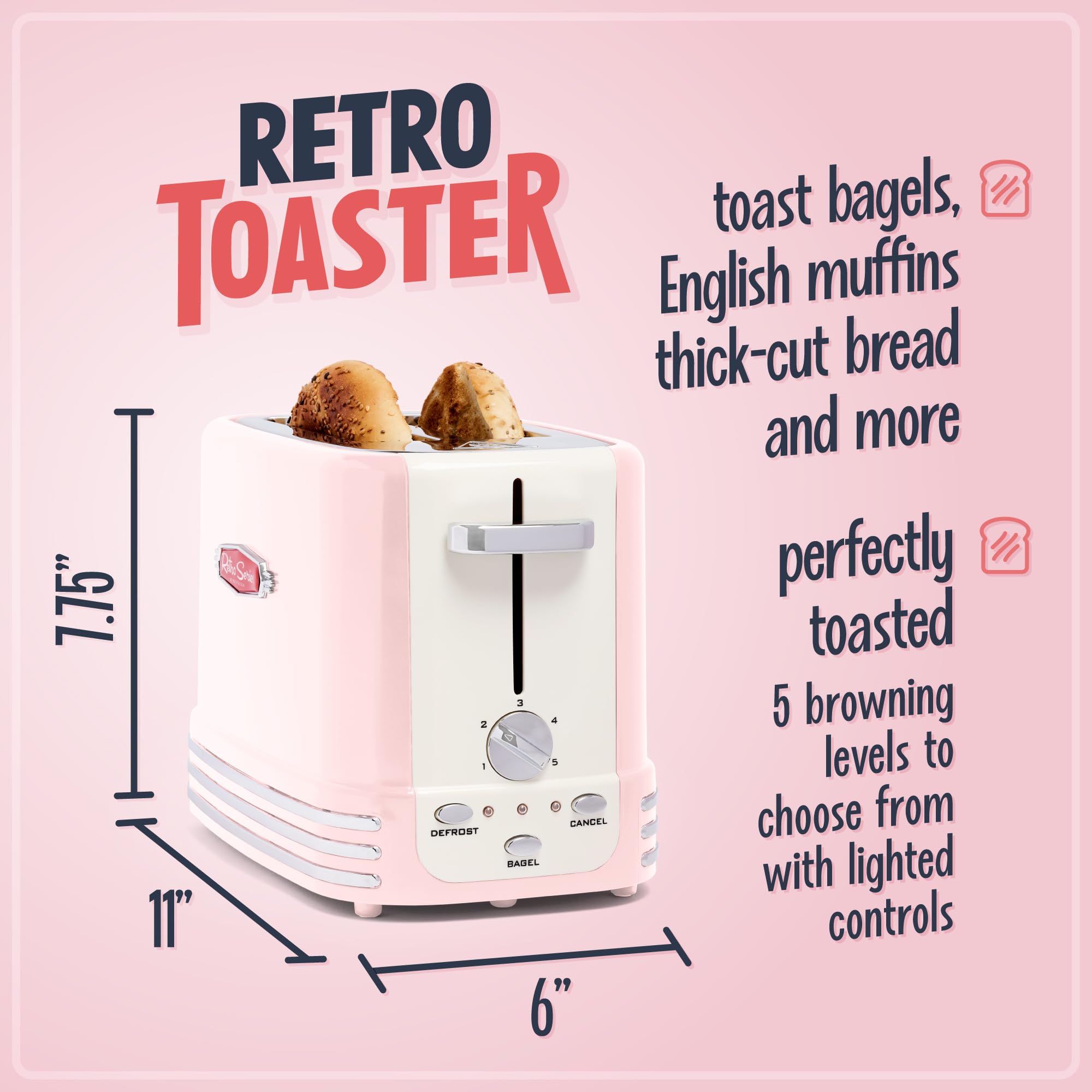 Nostalgia Retro Wide 2-Slice Toaster, Vintage Design With Crumb Tray, Cord Storage & 5 Toasting Levels, Pink