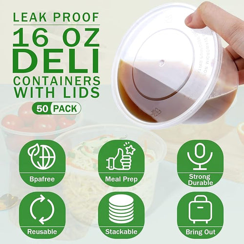 16 oz Deli Containers with Lids, 50 Pack Meal Prep Food Storage Containers