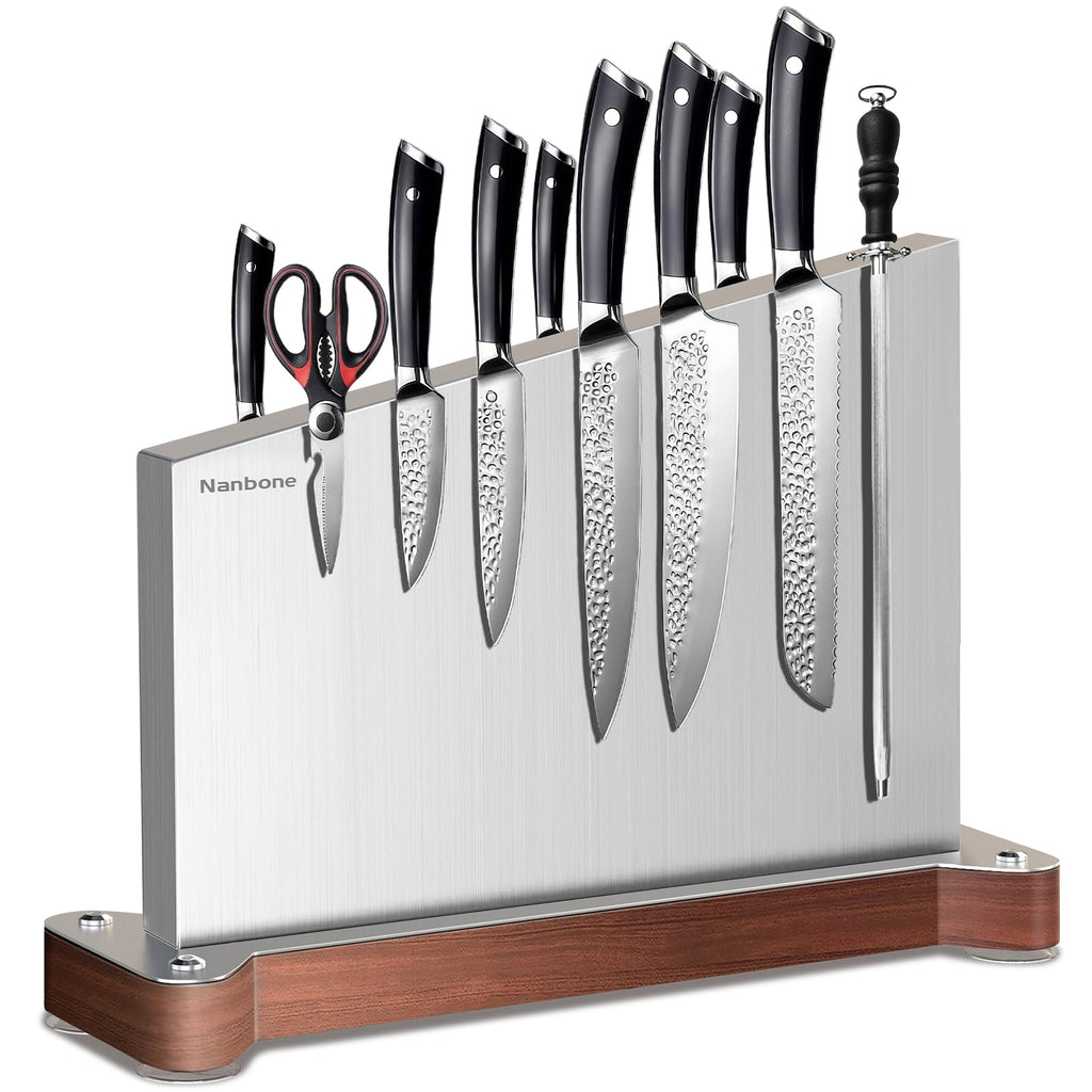 Nanbone Magnetic Knife Block Without Knives Large Double Side Magnetic Knife Holder Stand with Strong Magnet, Stainless Steel Knife Storage Organizer for Kitchen Counter Knife Rack Three Magnet Strip