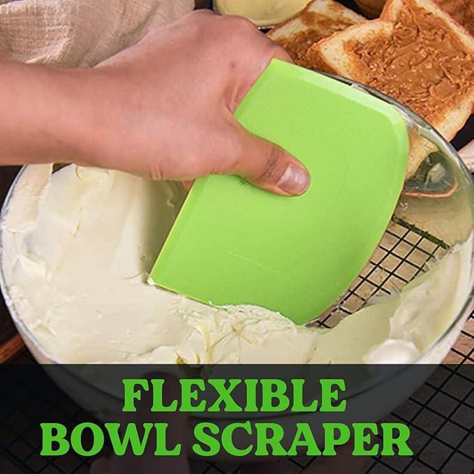 SURDOCA Dough Scraper Bench Scraper - 3P 7.1x4.9" Plastic Flexible Bowl Scraper, Sharp Edge & Angles Cake Scraper. Non-Slip Bakeware Decorating Tools Sculpting & Modeling Tools - Green+Pink+Green