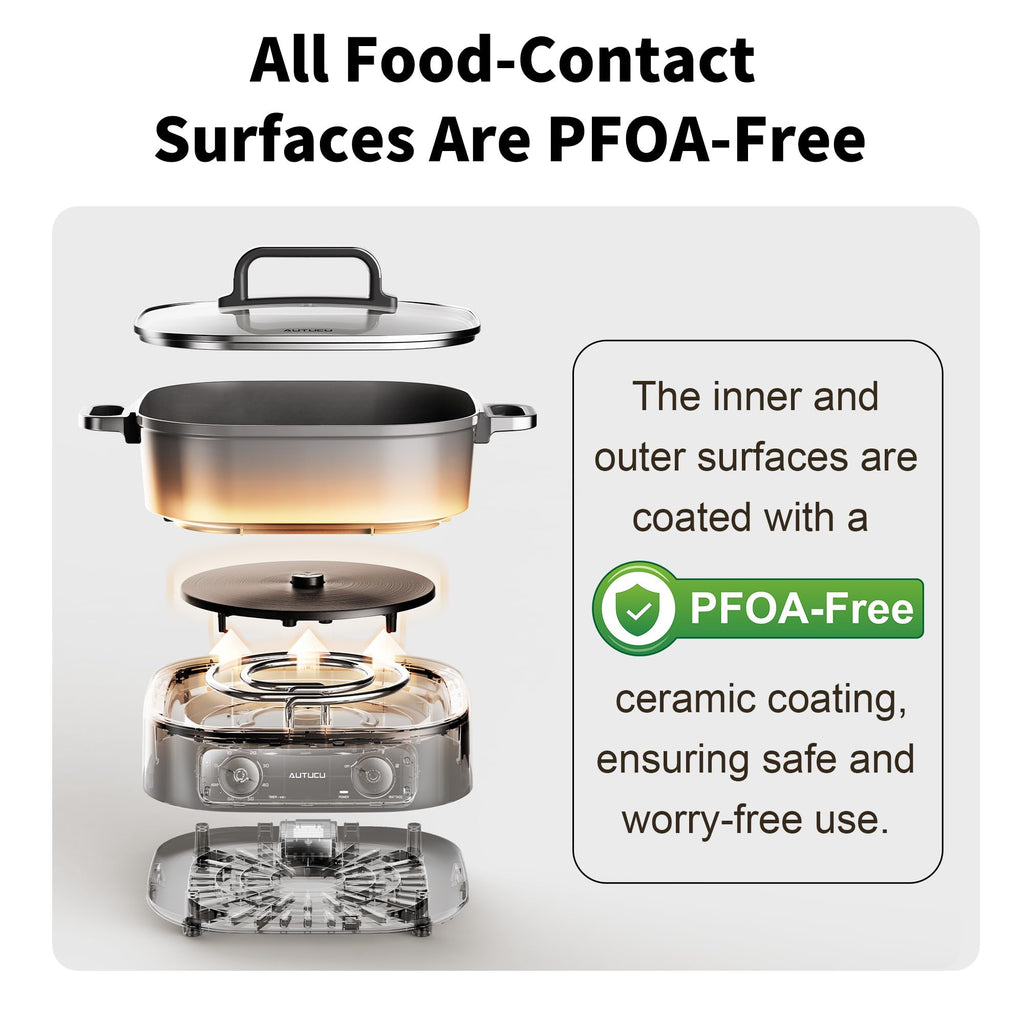 6-Quart Electric Skillet with Grill | Non-Stick PFOA-Free Ceramic-Coated Pot, 1600W, Timer & 3 Power Settings for Steak, Egg, Ramen (Includes Tongs) Pot & Grill