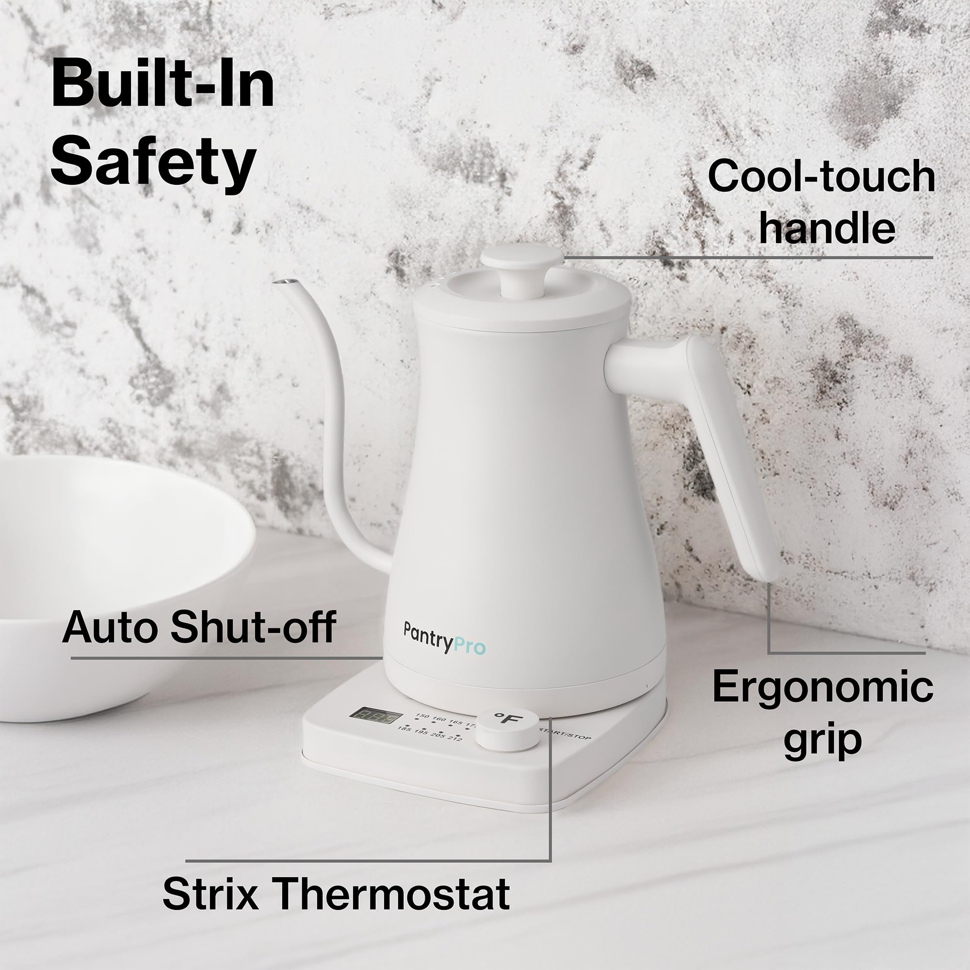 1.0L 1500W Gooseneck Electric Kettle - Stainless Steel Interior - Rapid-Boil - Auto Shut-Off, Boil-Dry Protection, Temperature Control, LED Indicator - White by The Display Guys