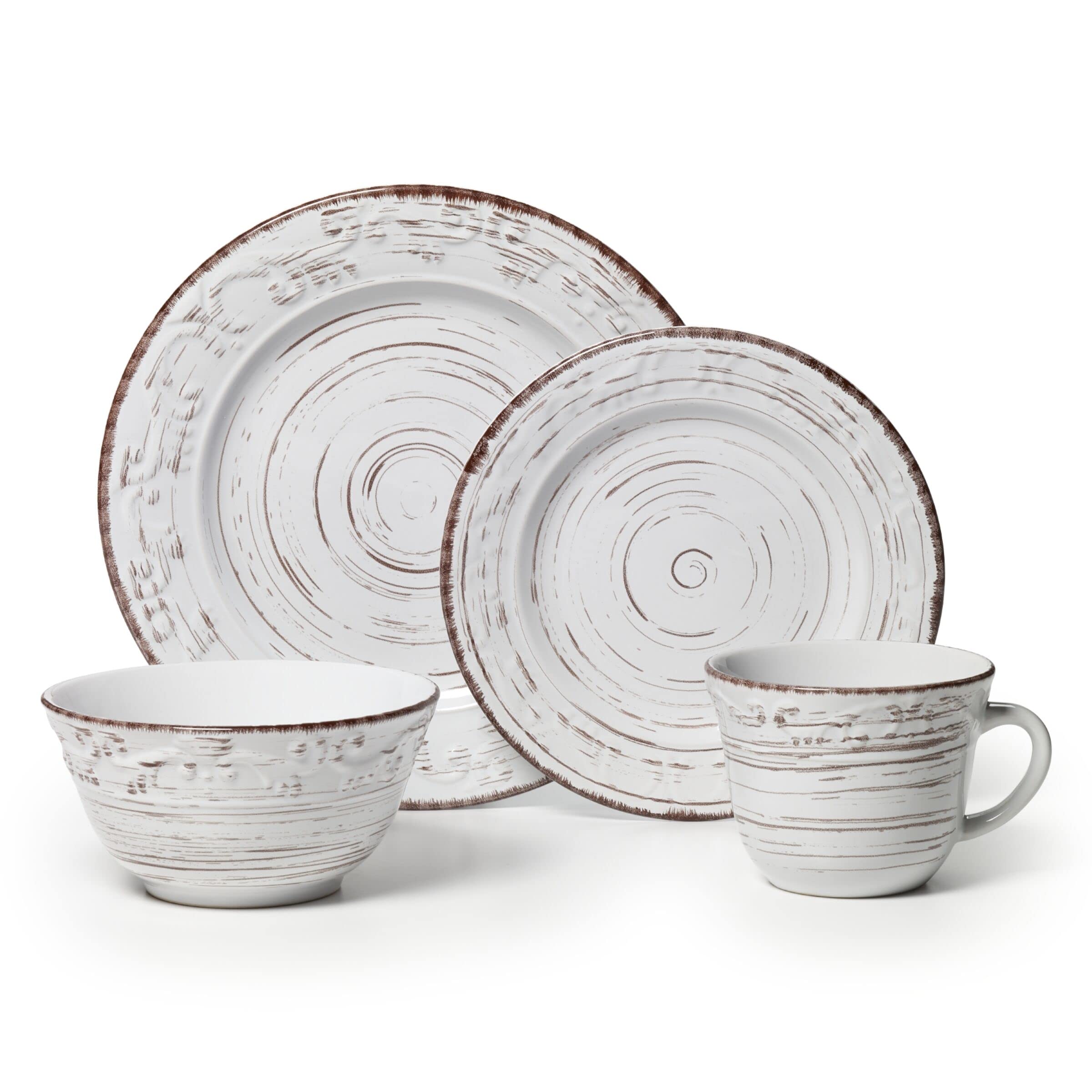 Pfaltzgraff Trellis White 16-Piece Stoneware Dinnerware Set, Service for 4, Distressed White Finish, Microwave & Dishwasher Safe Plates and Bowls