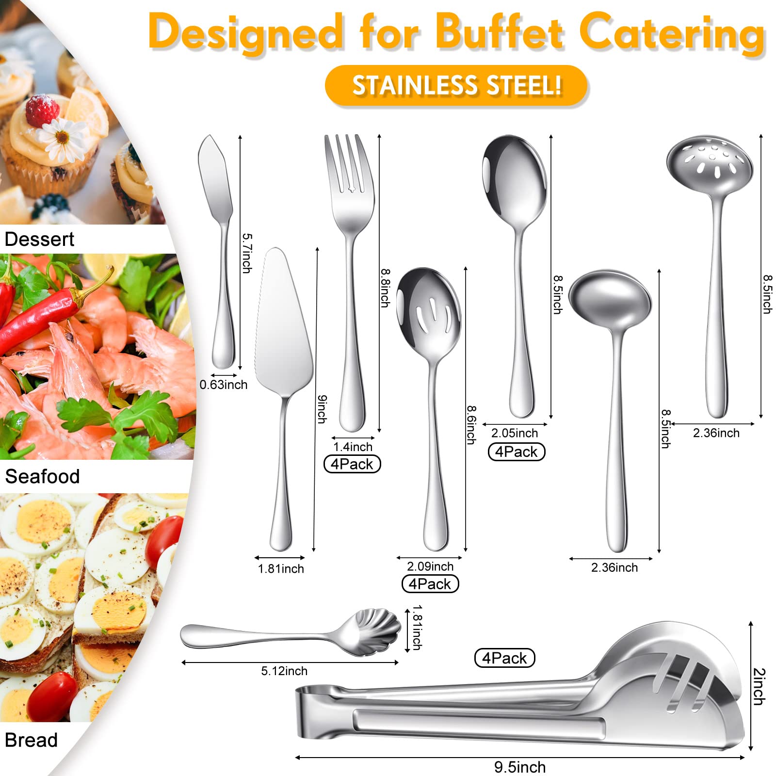 Patelai Serving Utensils Set Include Stainless Steel Large Spoons Slotted Spoons Forks Tongs Soup Ladle and Pie Server for Parties Buffet Catering, Dishwasher Safe(Silver,21 Pieces)