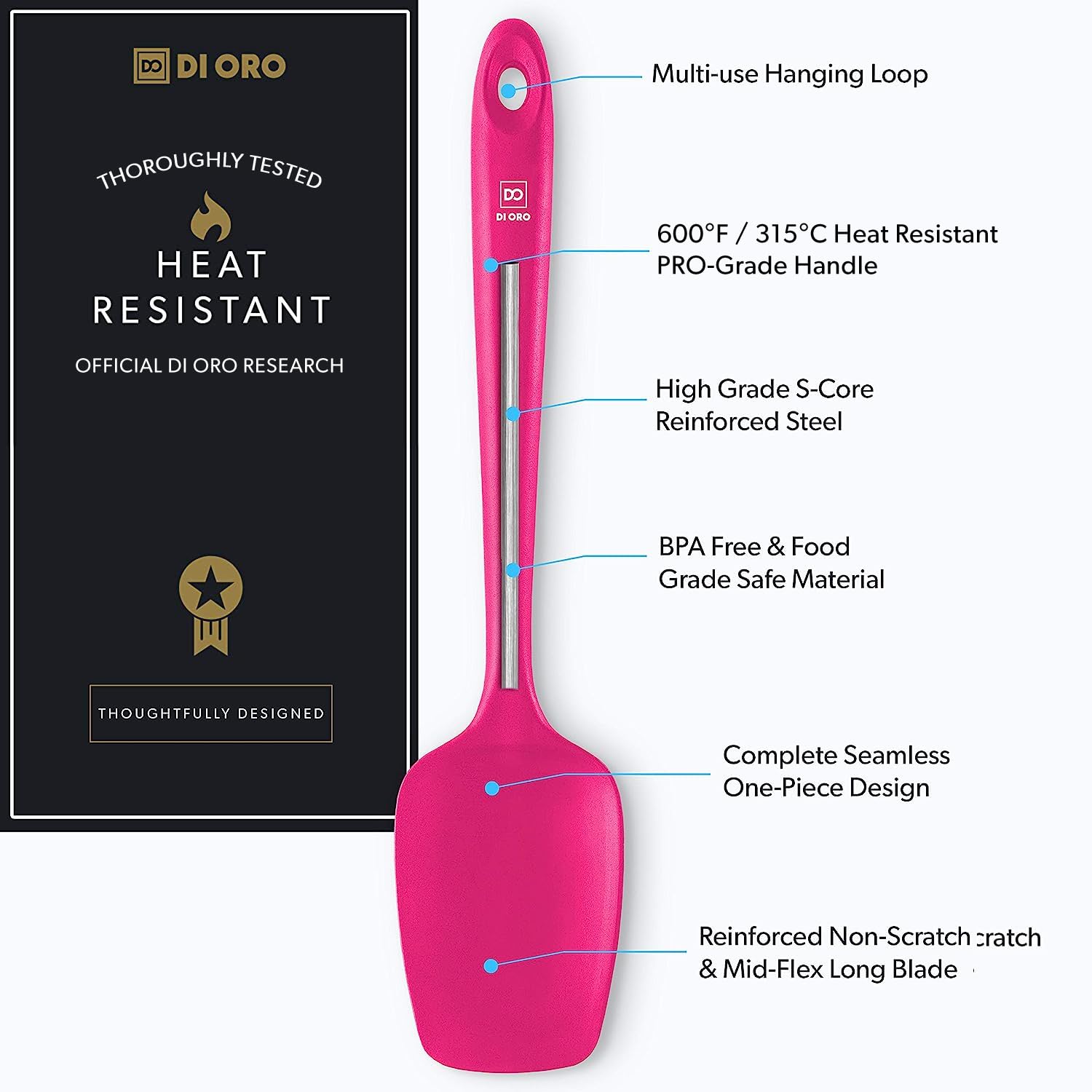 DI ORO Silicone Spoonula - Spoon Spatula, 600F Heat Resistant, Magenta