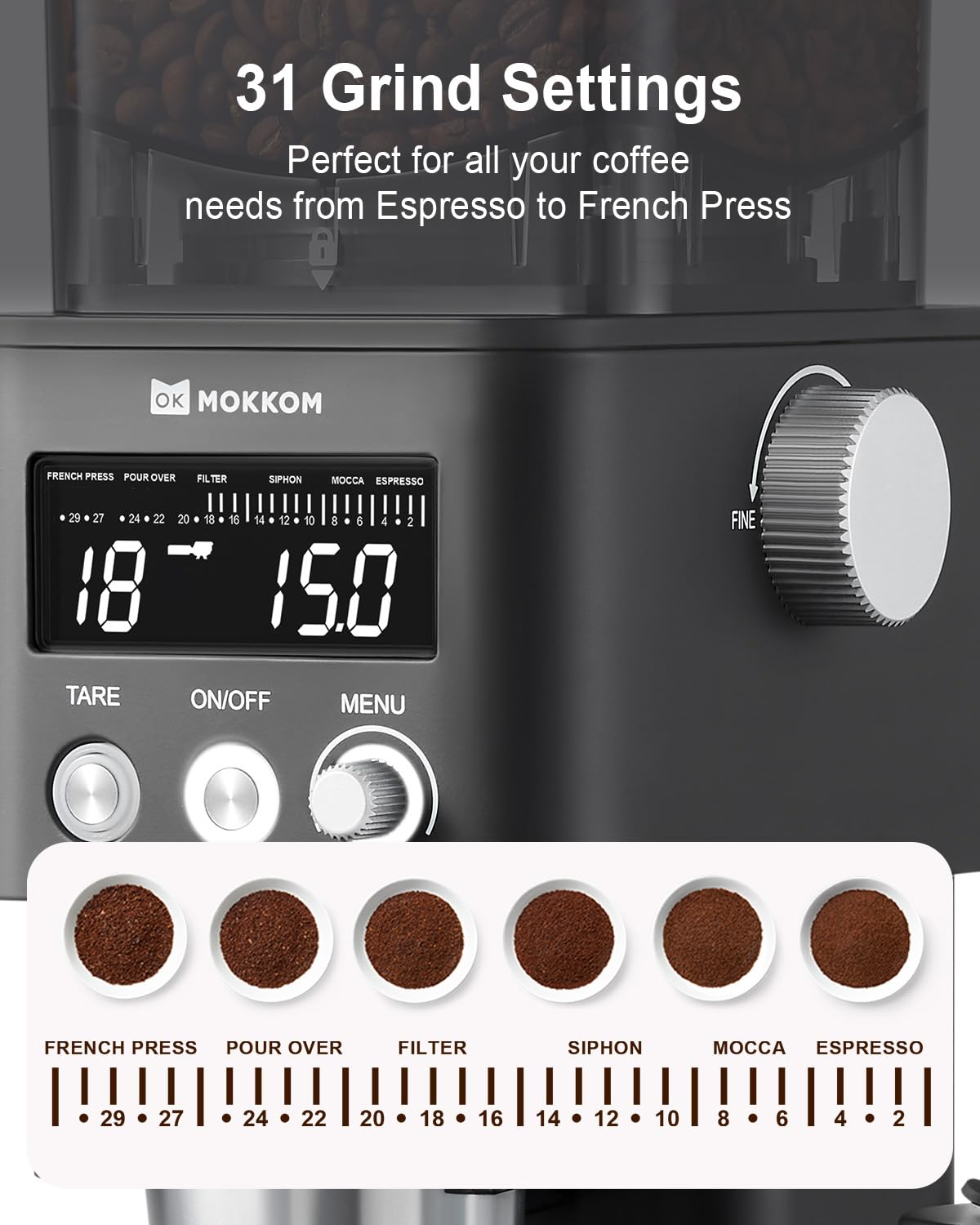 MOKKOM Electric Conical Burr Coffee Grinder with Removable Coffee Scale, Anti-static Coffee Bean Grinder, 31 Grind Settings and Precision Timer for Espresso Pour Over, French Press Black