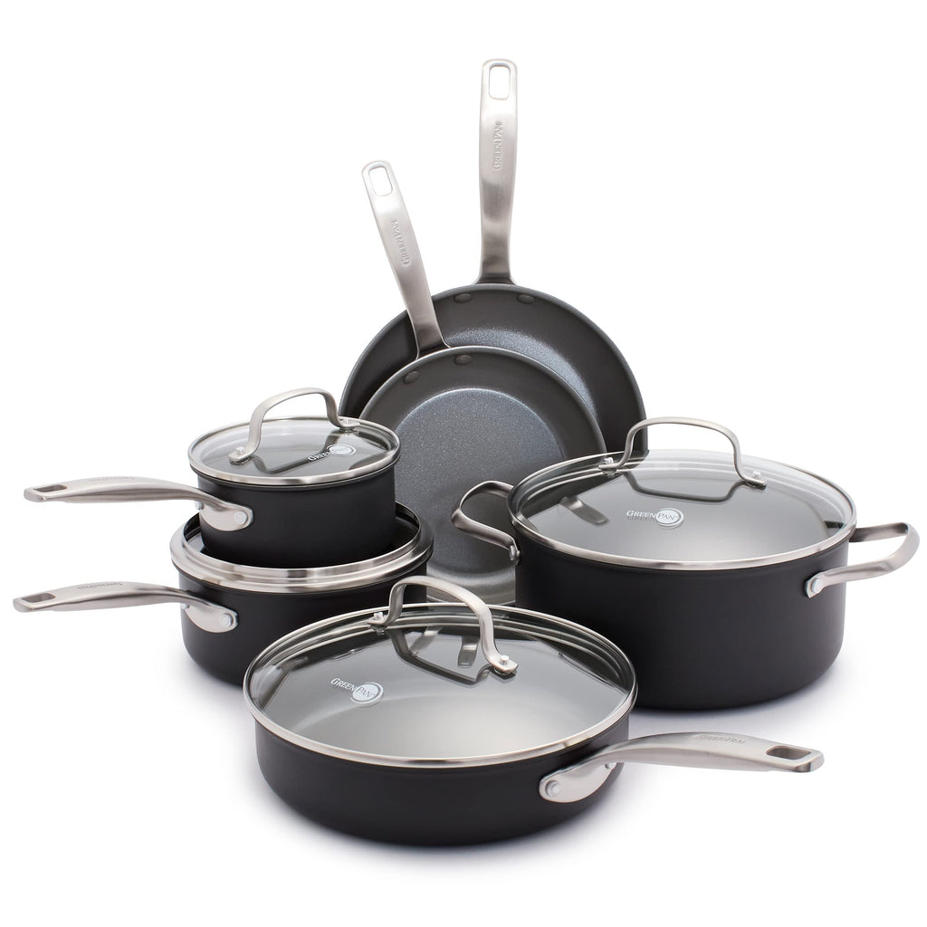 GreenPan Chatham Hard Anodized Healthy Ceramic Nonstick 10 Piece Cookware Pots and Pans Set, Frying Pan Skillets, Saucepans, Saute Pan, Stockpot, Lids, PFAS-Free, Dishwasher & Oven Safe, Gray