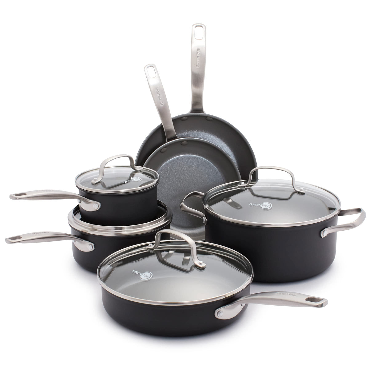 GreenPan Chatham Hard Anodized Healthy Ceramic Nonstick 10 Piece Cookware Pots and Pans Set, Frying Pan Skillets, Saucepans, Saute Pan, Stockpot, Lids, PFAS-Free, Dishwasher & Oven Safe, Gray
