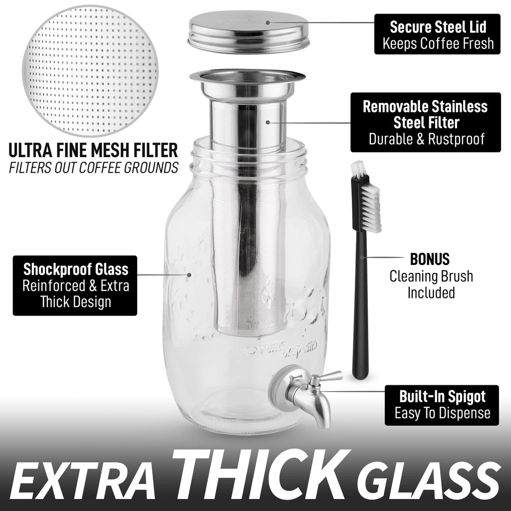 Zulay Kitchen 1.5 Liter Cold Brew Coffee Maker with EXTRA-THICK Glass Carafe & Stainless Steel Mesh Filter - Premium Iced Coffee Maker, Cold Brew Pitcher & Tea Infuser