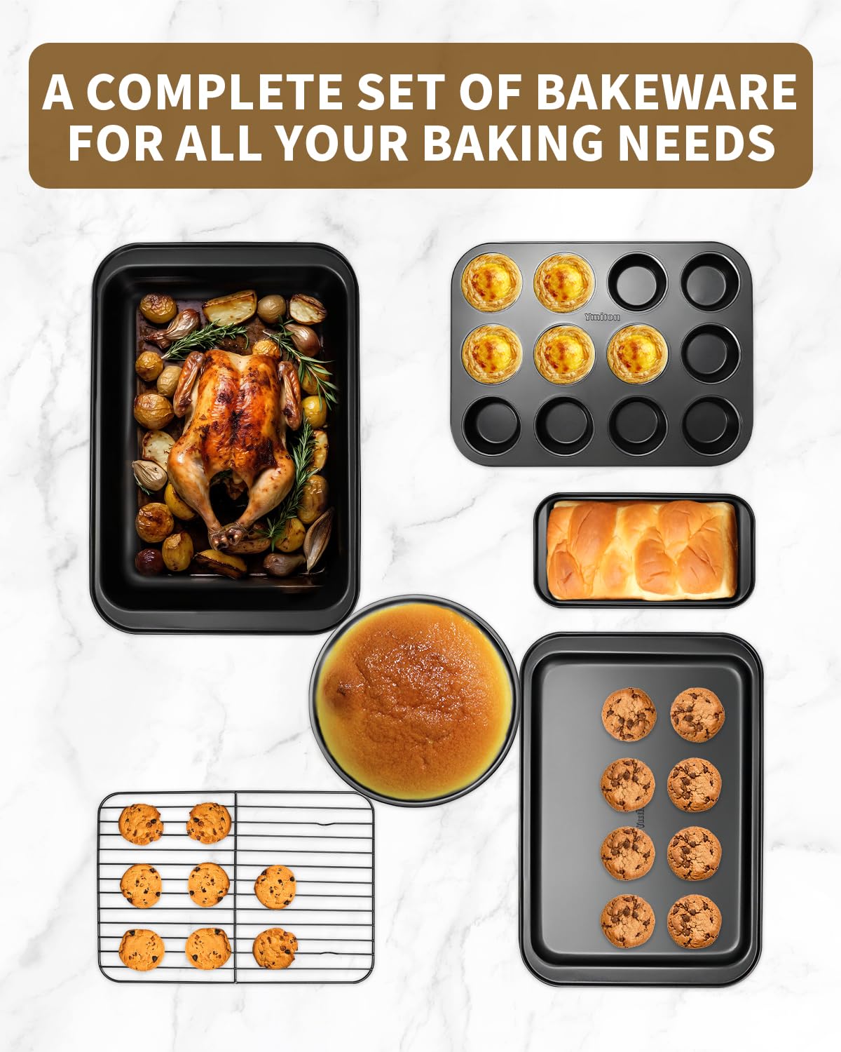 Ymiton Nonstick Baking Pans Set, 19 PCS Stackable Bakeware Sets, Oven Pan Set Includes Baking Tray, Cookie Sheet, Cake Pans, Loaf Pan, Muffin Pan, Silicone Cups