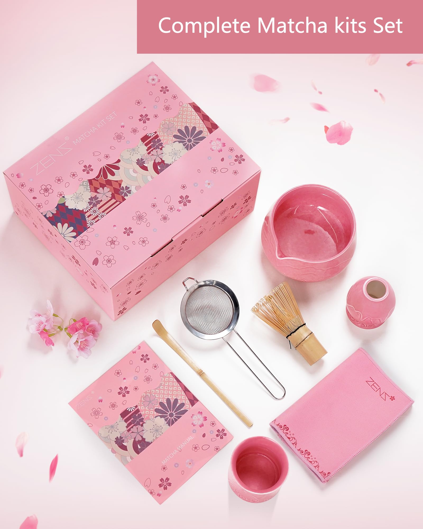 ZENS 7pcs Matcha Set, Matcha Whisk Set Includes Pink Bowl and Cup for Bamboo Whisk, (Chasen Holder), Scoop, 304 Sifter and Tea Mat, Pink Matcha Kit for Matcha Lovers