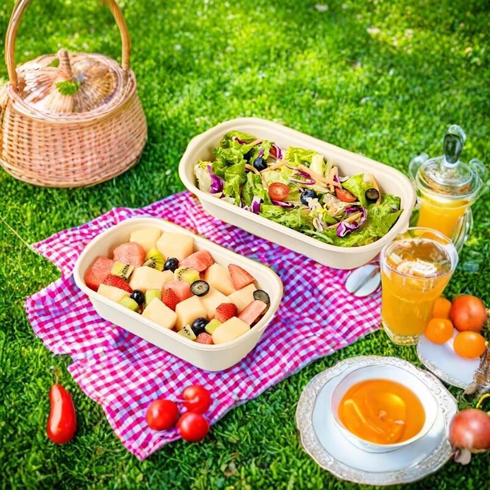 Aksipo 50 Pack 29 Oz Disposable Meal Prep Containers with Lids, Rectangle Paper Bowls with Lids for Salad,Leftovers, Leak-proof To Go Box Cardboard Lunch Box Compostable Take Out Food Containers