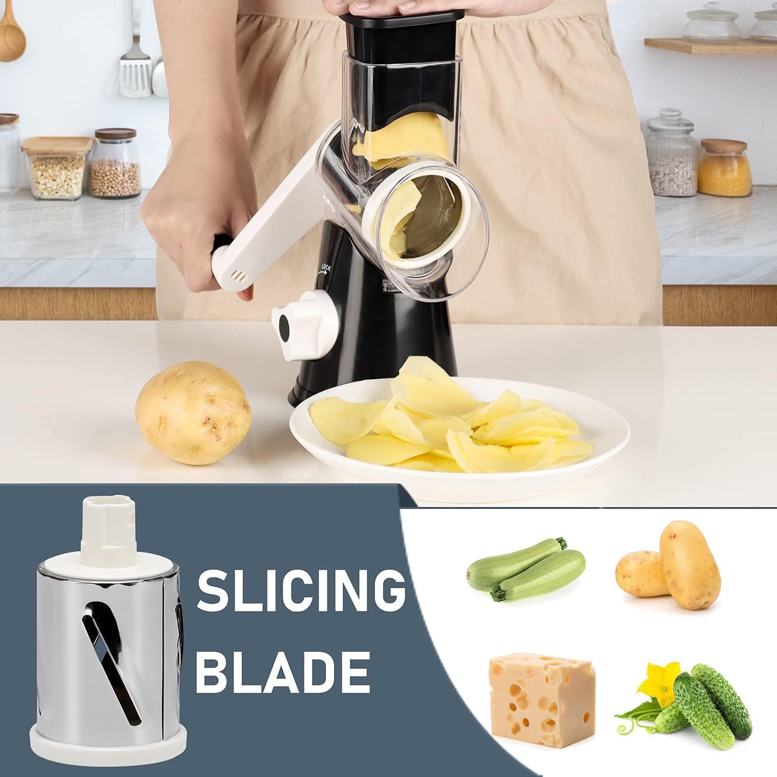 KEOUKE Rotary Cheese Grater Hand Crank Black - Shredder Slicer Grinder 3 Stainless Steel Blades, Stable Suction, Labor-Saving Handle, Safe Kitchen Tool for Cheese, Vegetable, Nuts, Chocolate