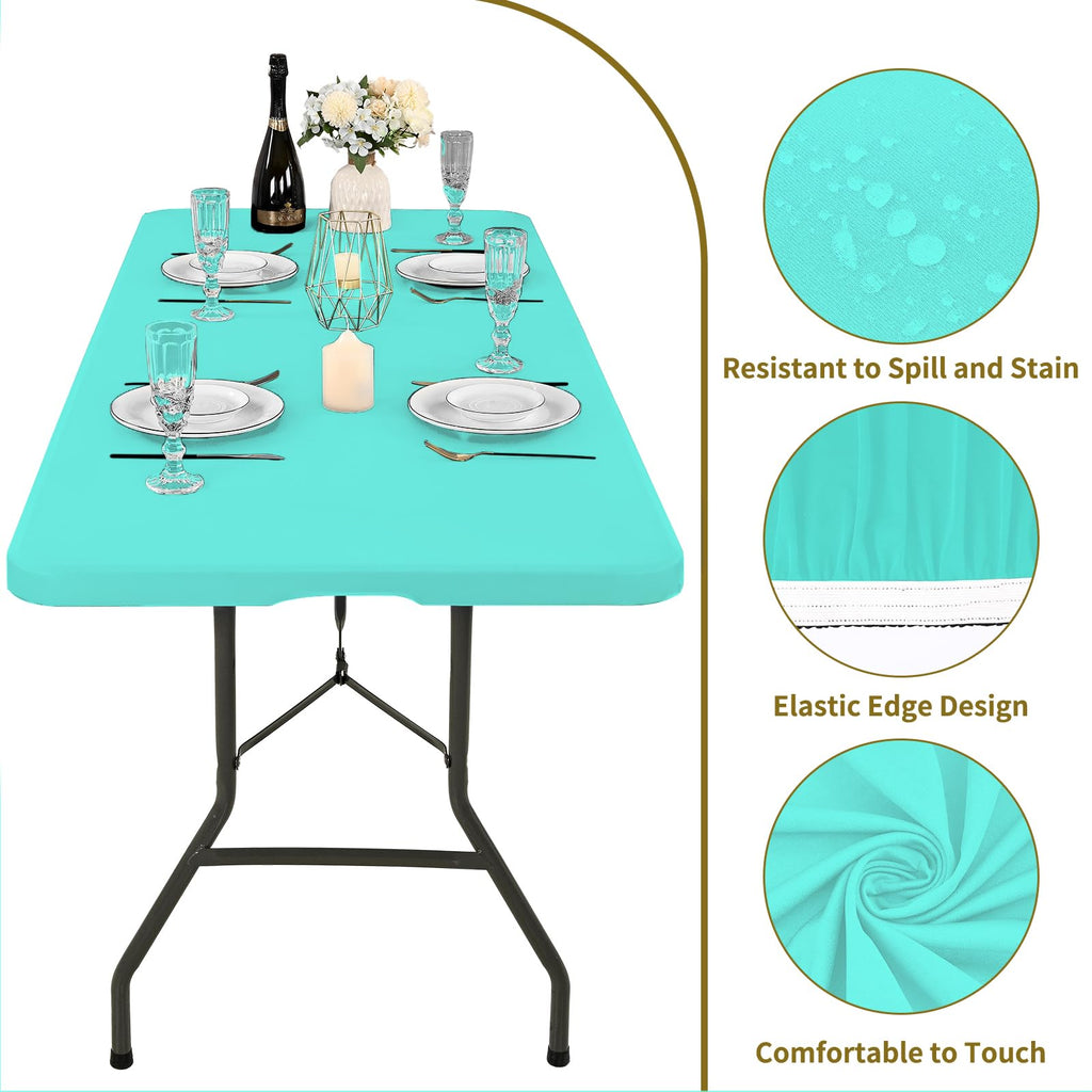 10 Pack Fitted Tablecloth for 6 Foot Rectangle Tables, Aqua Blue Elastic Outdoor Picnic Table Cover, Washable Stretch Folding Table Cloths 6 ft for Camping Party Patio Kitchen Banquet, 30" W x 72" L