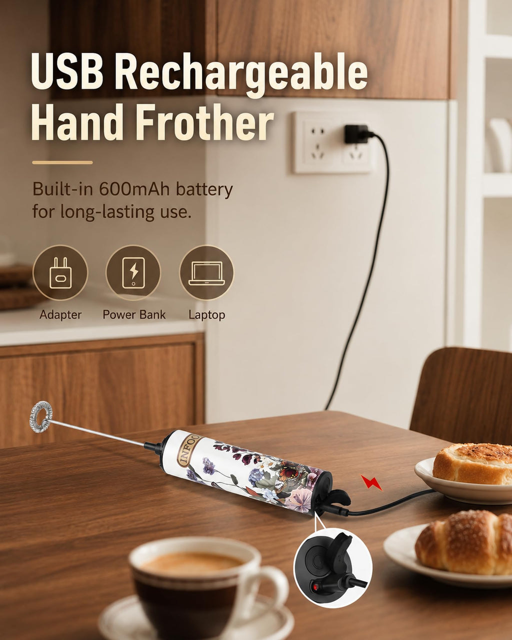 INFOOD Rechargeable Milk Frother with Cover, 2-Speed, 2 Whisks, Floral