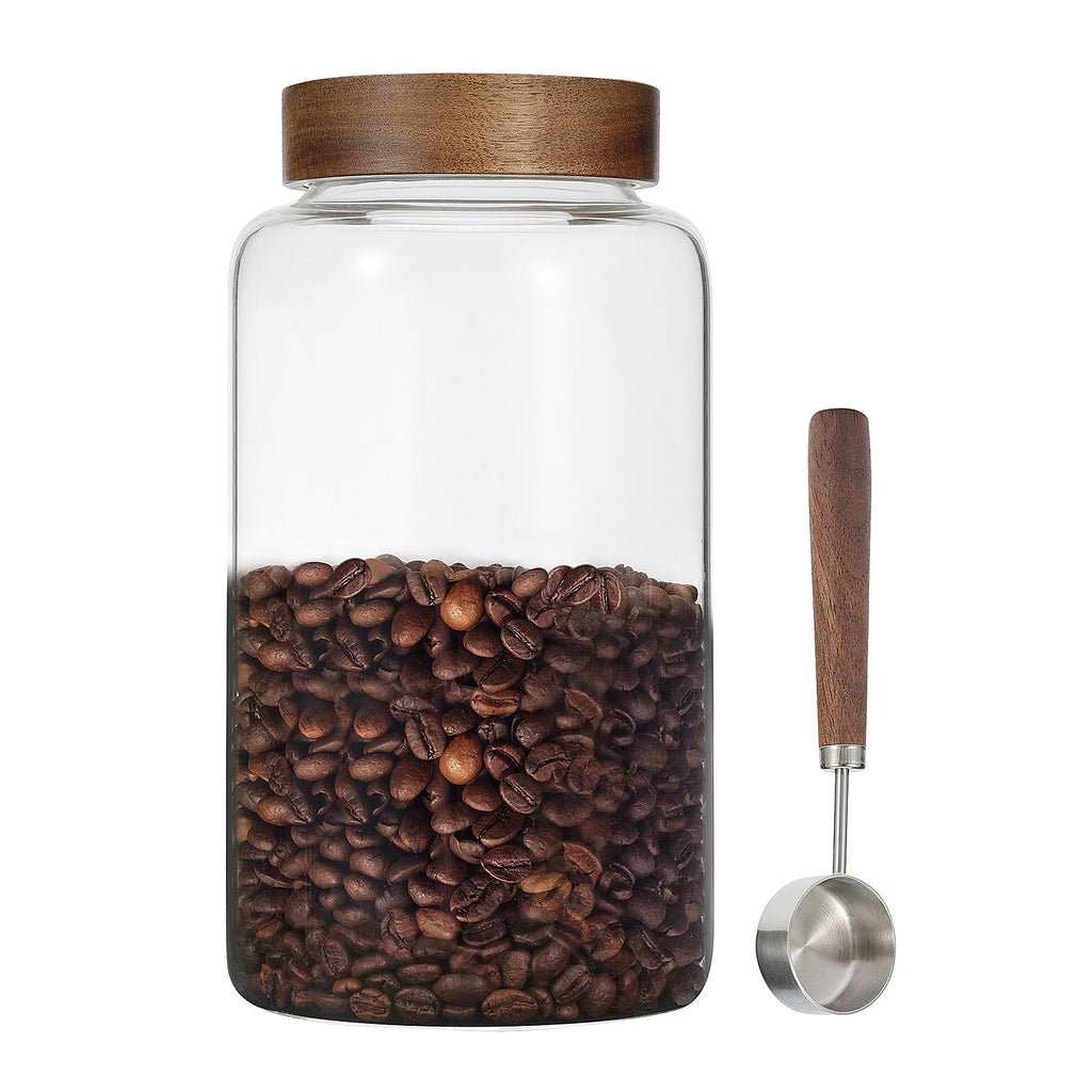 Patoper Airtight Glass Jars with Wooden Lid Glass Spice Jar Round Glass Storage Canister for Pantry Sugar Tea Coffee Bean Nuts Cookies Bath Salts (900ML*2PACK)