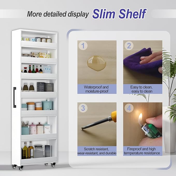 7-Tier Slim Storage Cart, Wooden Rolling Pantry Cabinet with Wheels, Narrow Shelf Organizer for Kitchen, Bakers Rack, Dining Room, Closet, Small Spaces Dark Walnut 73.2" H*7.8" W*23.6" D
