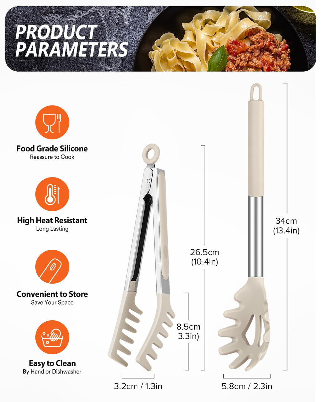 Silicone Spaghetti Spoon & Pasta Tong, Non-Stick Stainless Steel Handle Pasta Fork Set with Teeth, Food Clip for Easy Serving of Noodles (Khaki)