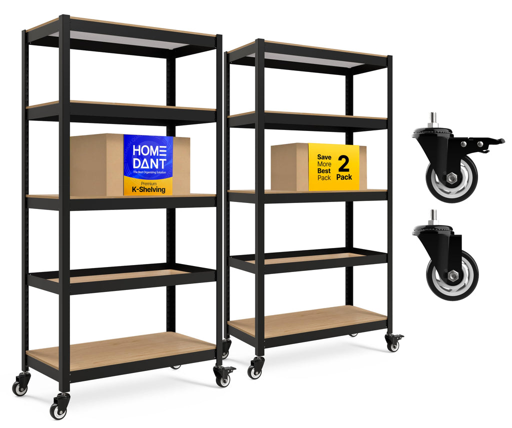 HOMEDANT House Black 36.2" W 5 Tier Rolling Storage Shelves Metal Cart