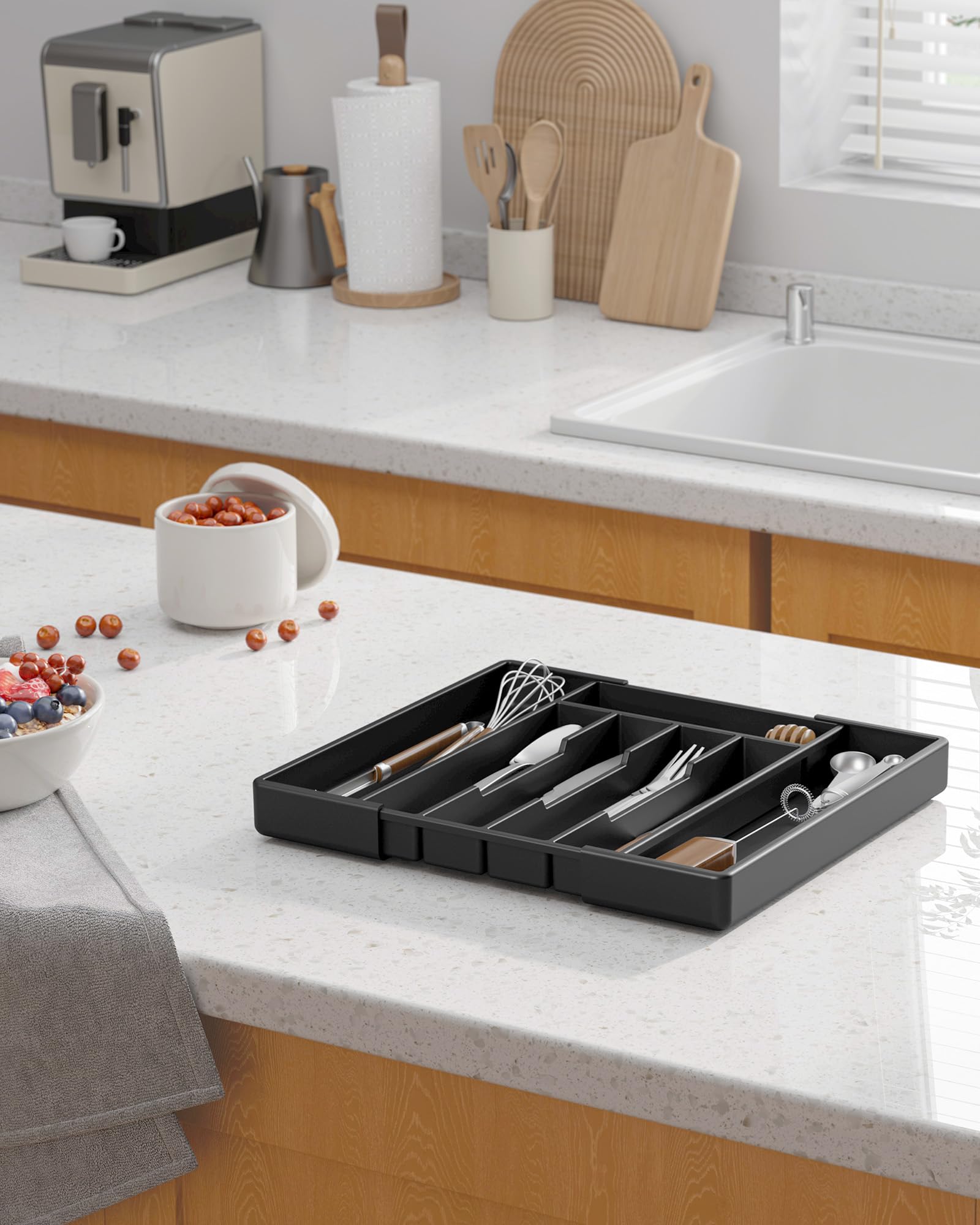 Kitsure Silverware Organizer for Drawers - Expandable Cutlery and Utensil Drawer Organizer with Easy Maintenance, Premium PP Kitchen Organizers and Storage for Flatware, White, 13.2" x 12.2" x 1.6"