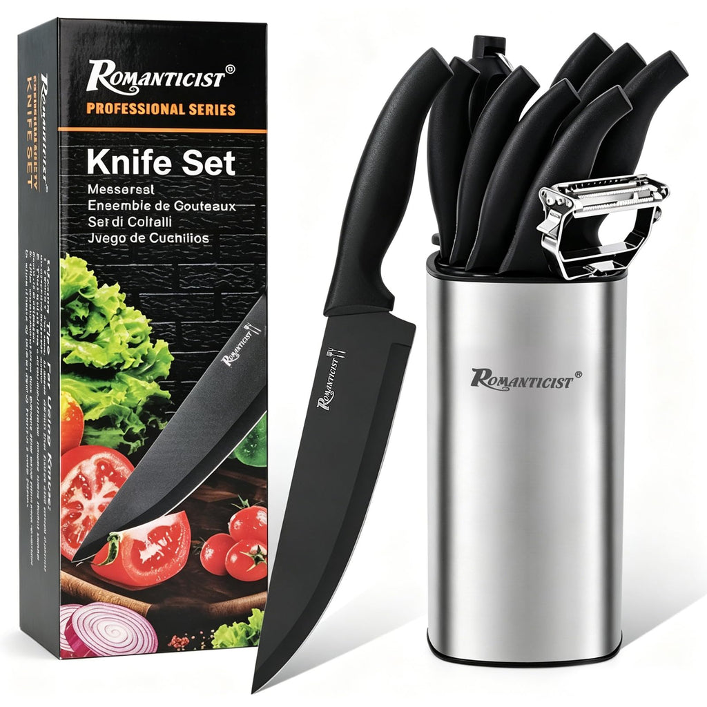 ROMANTICIST Kitchen Knife Sets, 10PCS High Carbon Stainless Steel Knife Sets with Block, Black Knife Block Set, Knives Set for Kitchen with Anti-slip Handle, Exquisite Knives Set New Home Essentials