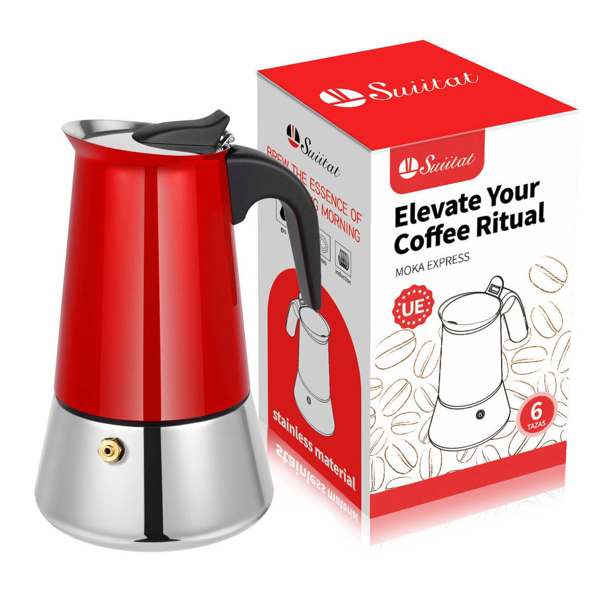 Suiitat 4 Cup Stainless Steel Moka Pot, 200ml Stovetop Espresso Maker, Red