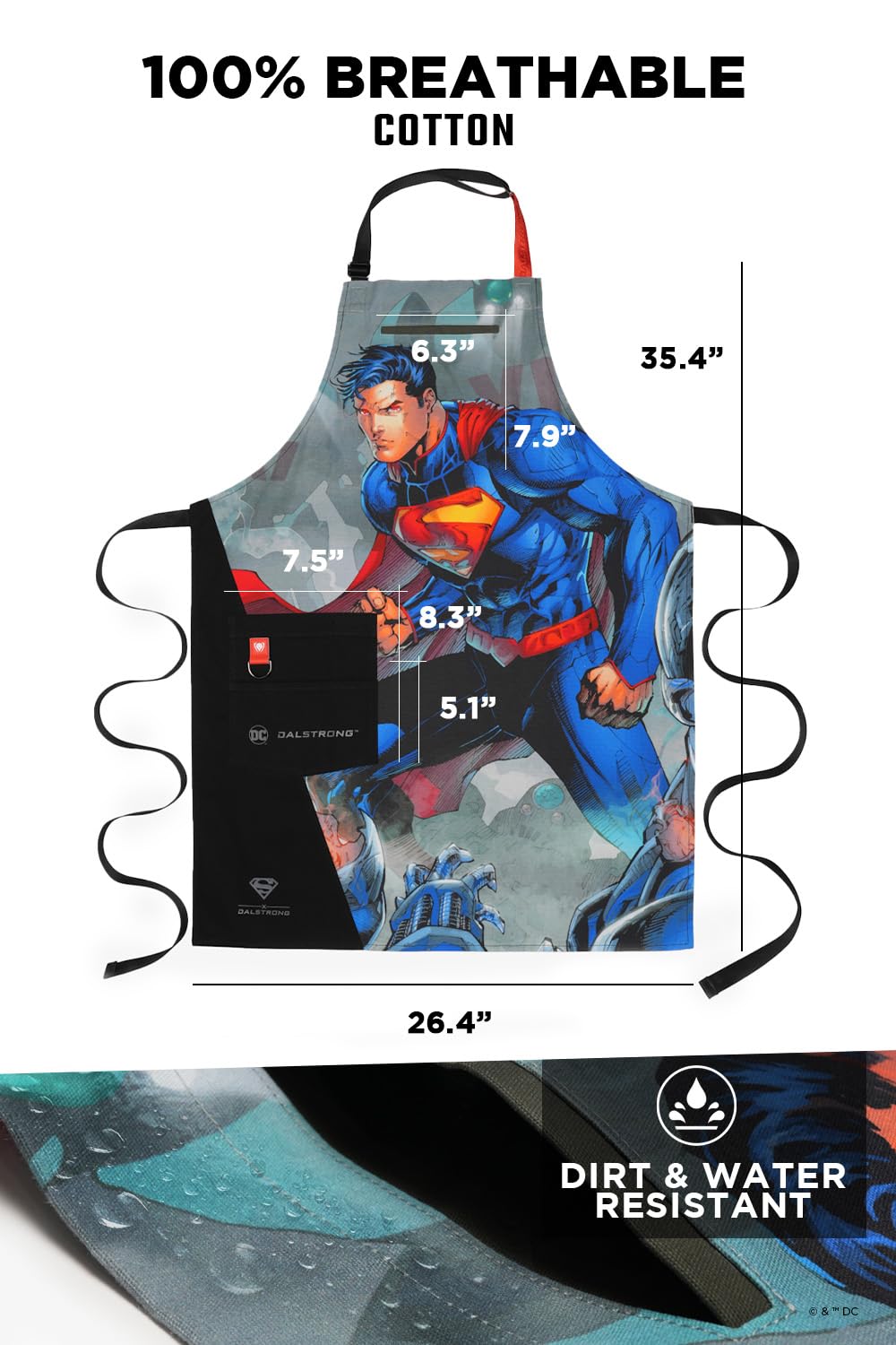 Dalstrong Chef Kitchen Apron - DC Superman™ Man of Steel Edition - Premium Cotton & Nylon Straps - 2 Pockets - Steel Hangloops-Unique Size Fit for All - Stain Resistant