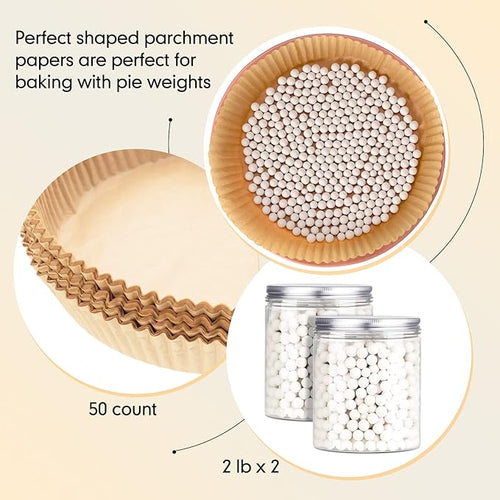 2 Pack 2 lb White Pie Weights for Baking Crust Reusable Ceramic Blind Baking Beans Stoneware with 50 Pcs Disposable Parchment Paper Pie Liner Fit 8, 9, 10 Inch Dish with Storage Bottle and Bag