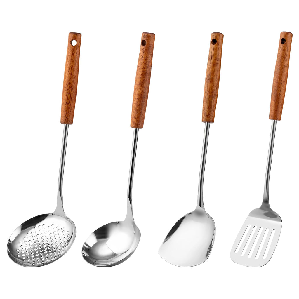 FJNATINH Stainless Steel Wok Tools Set,Wok Utensil - Wok Spatula,Turner,Ladle,Skimmer Tool Set,Mirror Polished Stainless Steel Cooking Utensils 14.6-15.2" Kitchen Utensils Cookware, Pack of 4