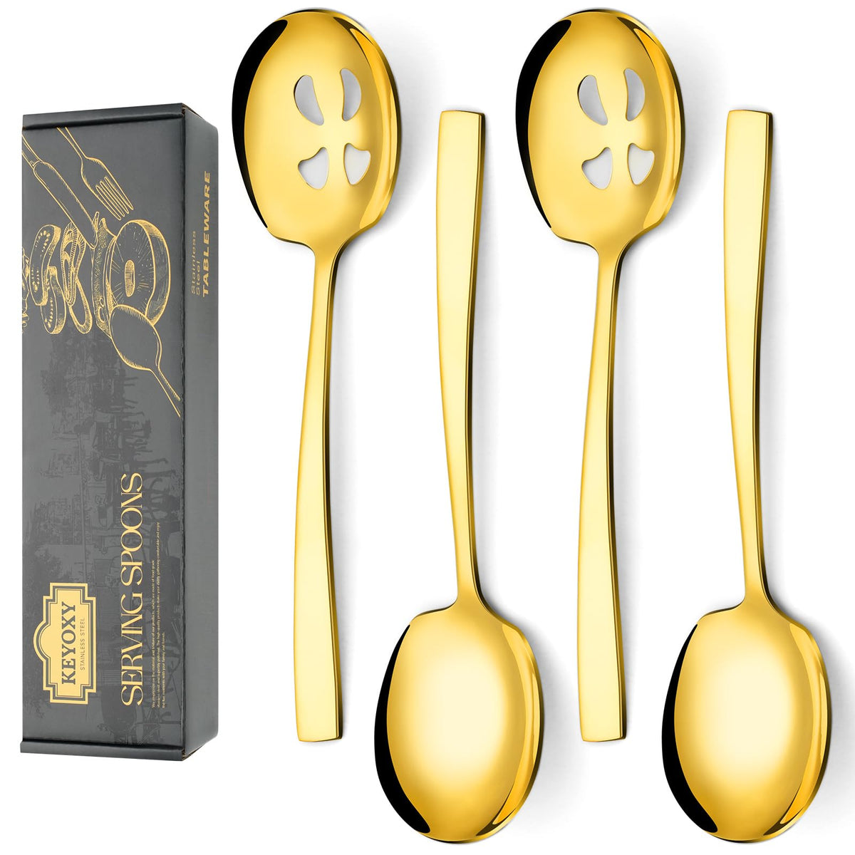 Keyoxy 4 Piece Serving Spoons Set,9.2-Inch Includes 2 Large, 2 Slotted