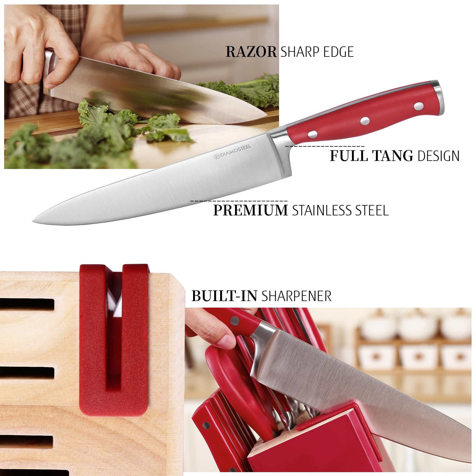 Red Knife Set with Block, 15-Piece Knife Block Set with Built-in Sharpener
