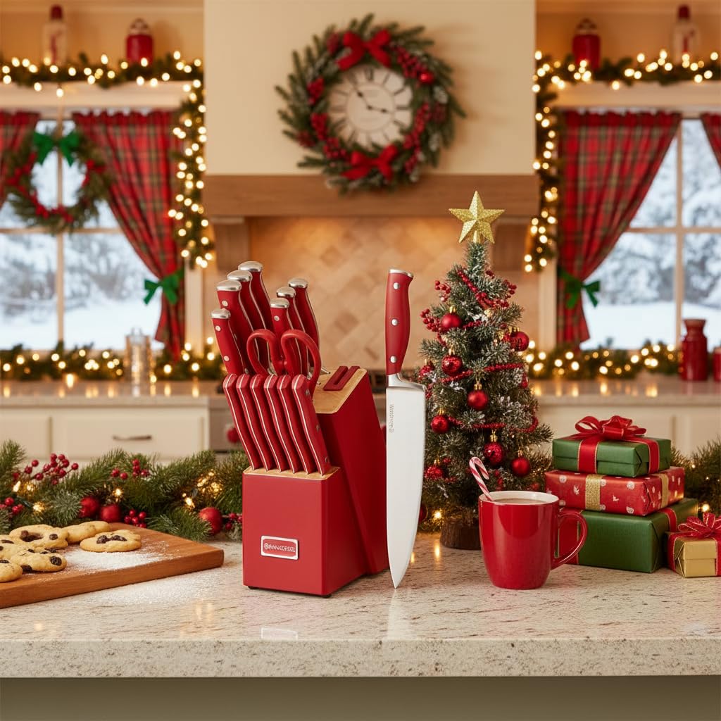 Red Knife Set with Block, 15-Piece Knife Block Set with Built-in Sharpener