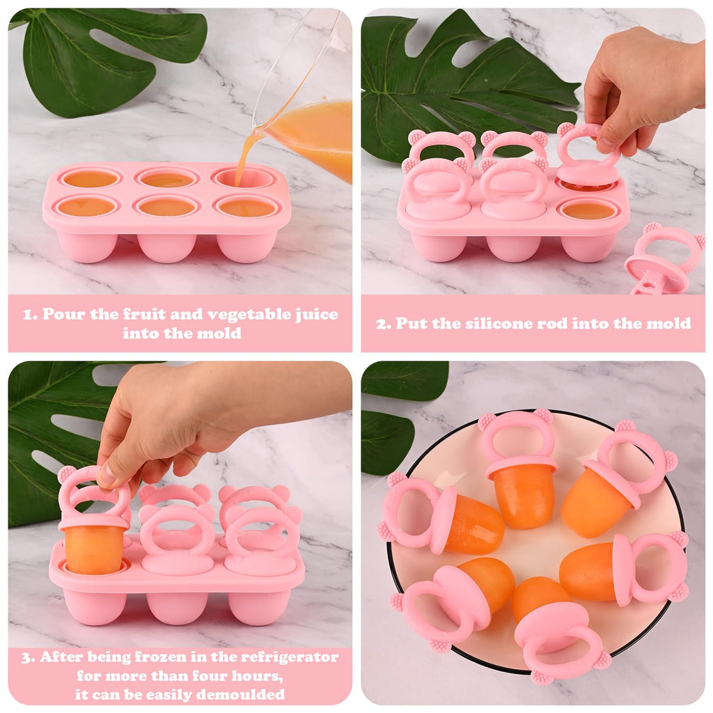 HUAKENER Mini Popsicle Molds, Silicone Popsicle Mold for Toddlers, 6-Cavity Ice Pop Molds with Handle for Making Healthy Baby Food, Breastmilk Popsicle (Pink)