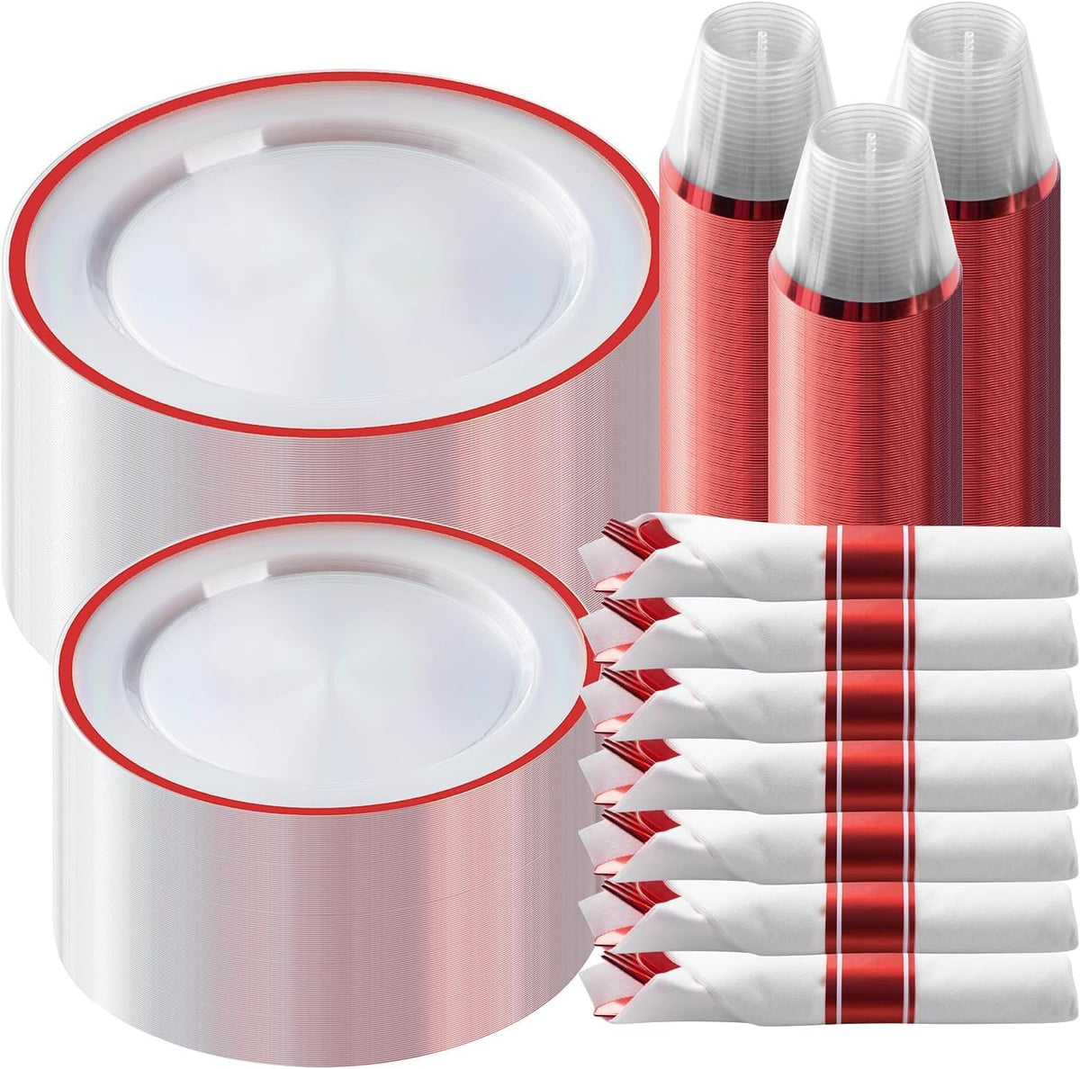 Goodluck 175 Pcs Clear Red Plastic Dinnerware Sets for Party for 25 Guests