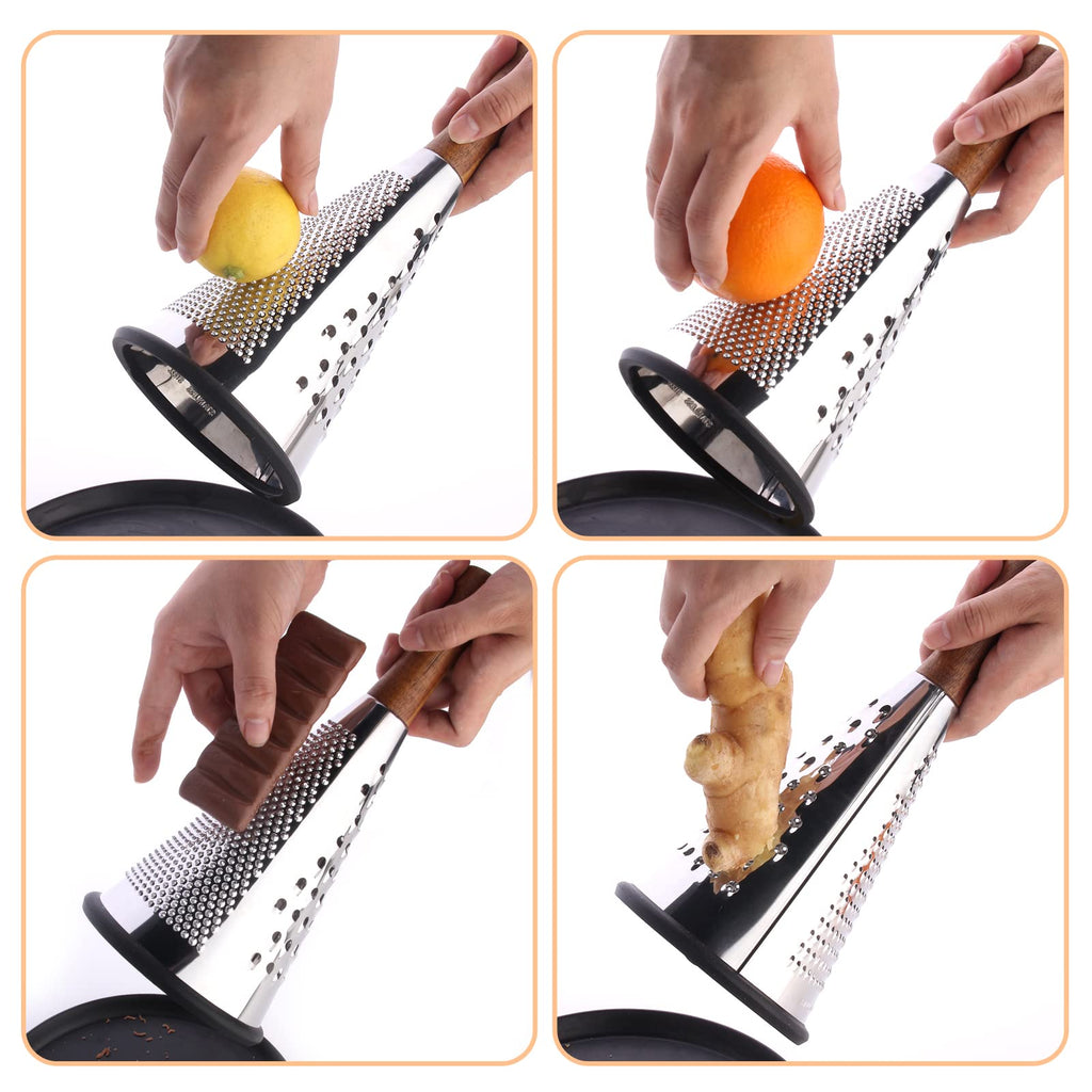 Cone Cheese Grater with Handle - Stainless Steel Triple Function Wood Handle Parmesan Shaver Non-Slip Rubber Bottom Hand Held Multifunction Vegetables Cheese Grater with container (M: 9.4" X 4.3")