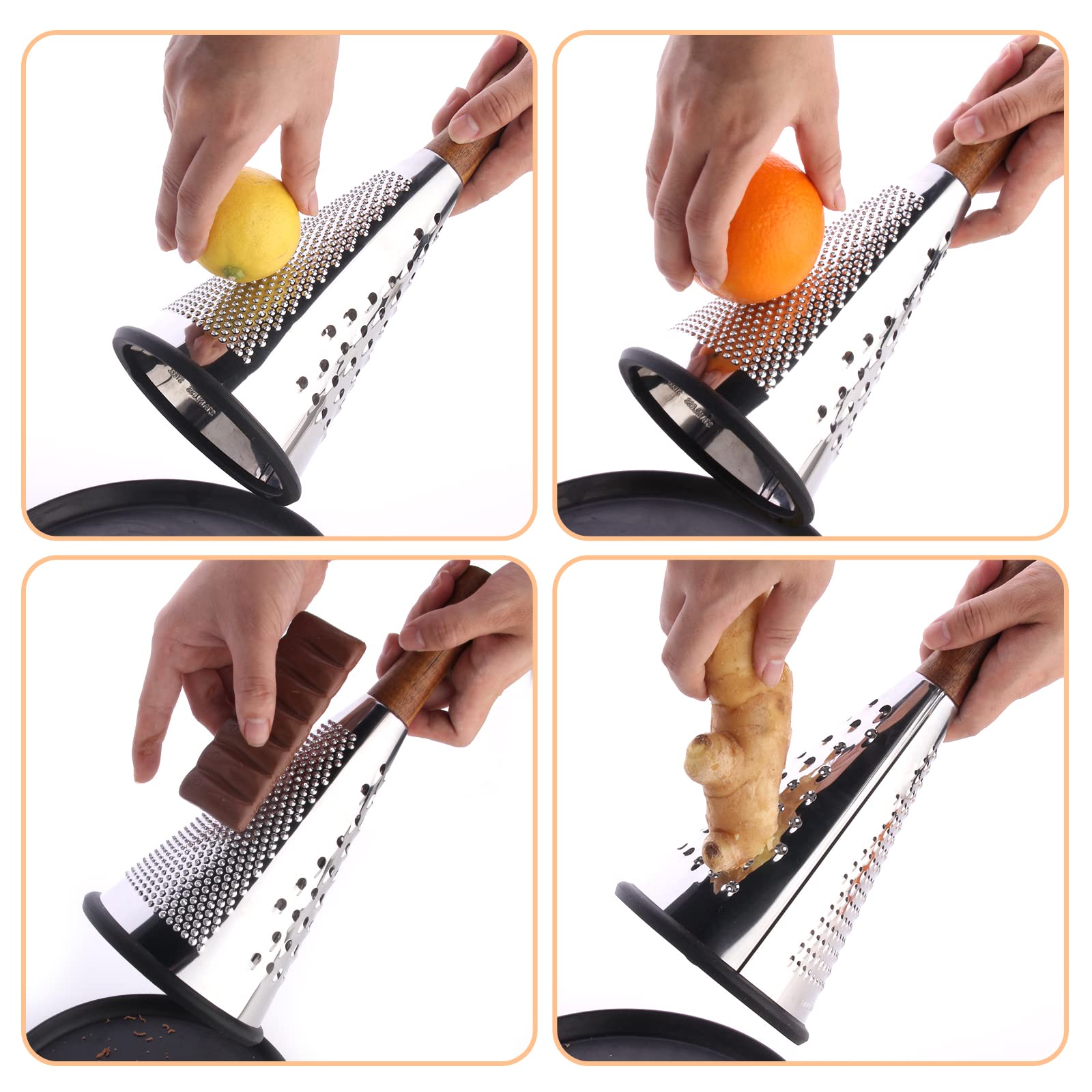Cone Cheese Grater with Handle - Stainless Steel Triple Function Wood Handle Parmesan Shaver Non-Slip Rubber Bottom Hand Held Multifunction Vegetables Cheese Grater with container(XL:11.8" X 5.1")