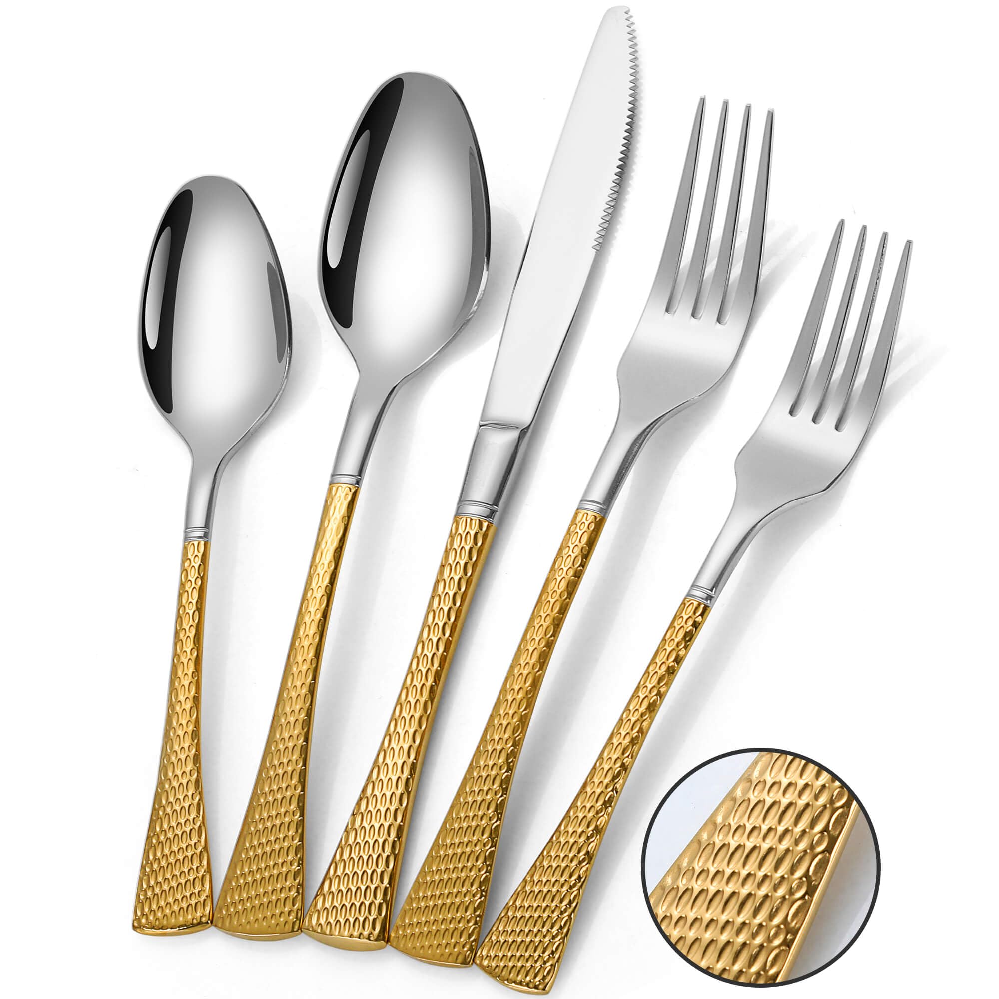 Lemeya Hammered Silver Gold Silverware Set for 8,Stainless Steel 40-Piece Modern Cutlery Set,Mirror Polished Heavy Duty Flatware Set Utensil Set,Knives Spoons and Forks Set,Dishwasher Safe