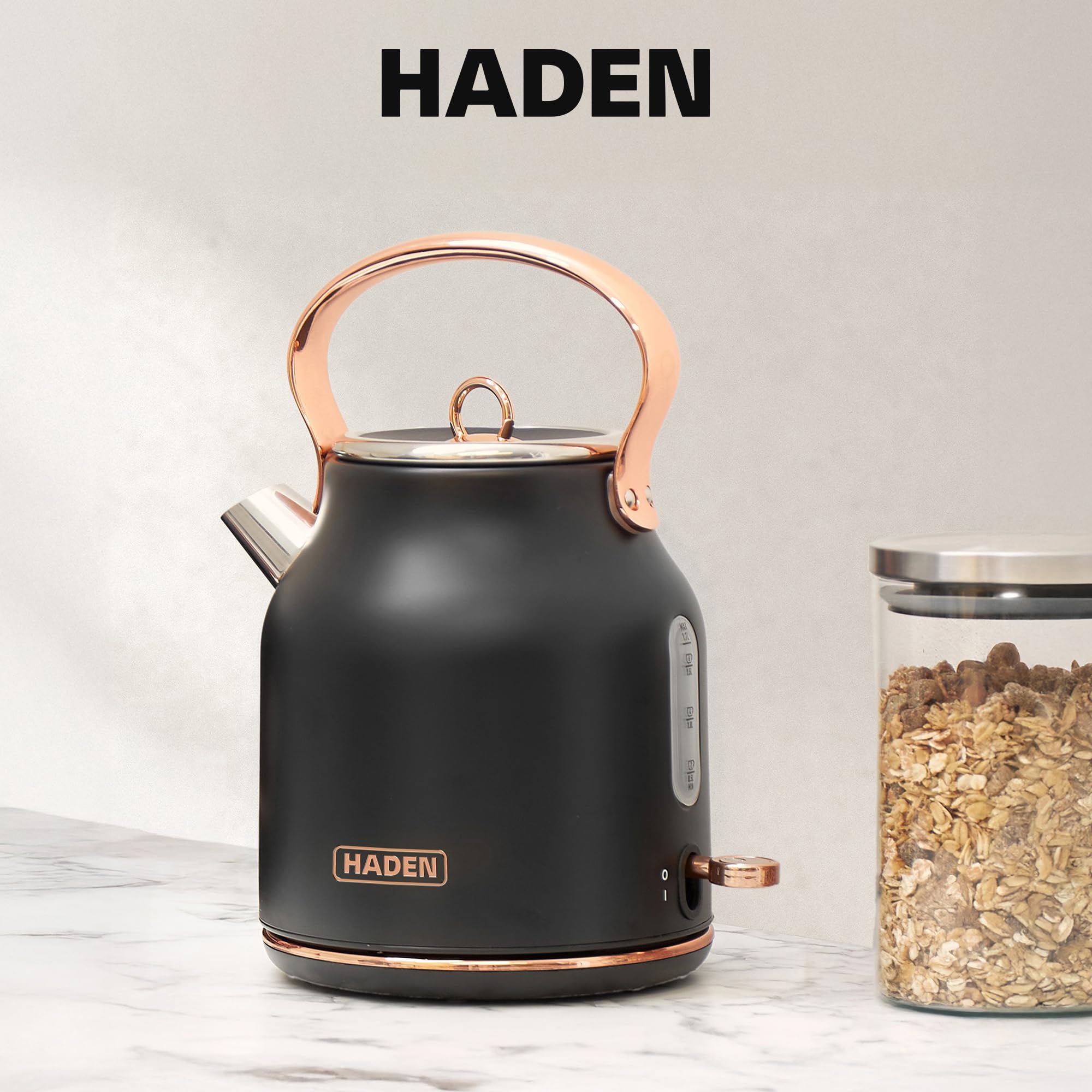 Haden Heritage 1.7 Liter Stainless Steel Electric Kettle, Hot Water Tea Kettle with 360-Degree Base and Auto Shutoff, Black & Copper