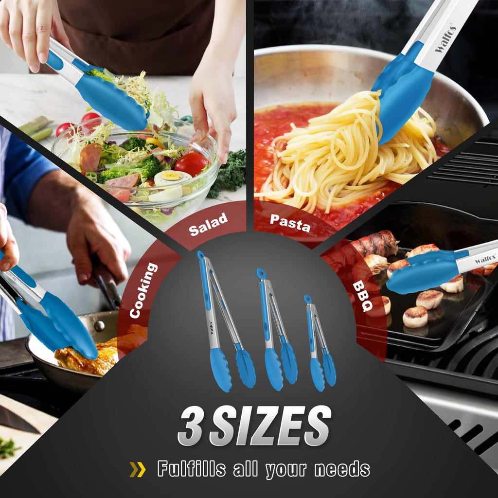 Walfos Kitchen Tongs - 7" 9" and 12" Heat Resistant Food tongs, Thickened Stainless Steel and BPA Free Silicone Tips, Great for Cooking, Grilling, Turning, Dishwasher safe(3 blue silicone tongs)