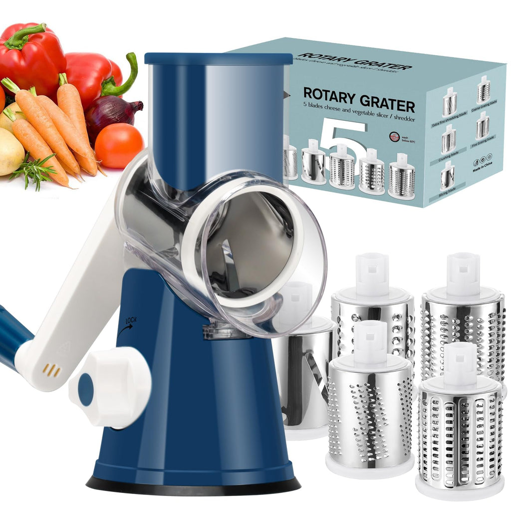 Ourokhome Rotary Cheese Grater Hand Crank, Kitchen Shredder Speed Mandolin Slicer Nut Grinder with Handle and Drum Blades for Cheese, Vegetable, Walnut, Chocolate, Potato, Carrot, 3 Blades, Red