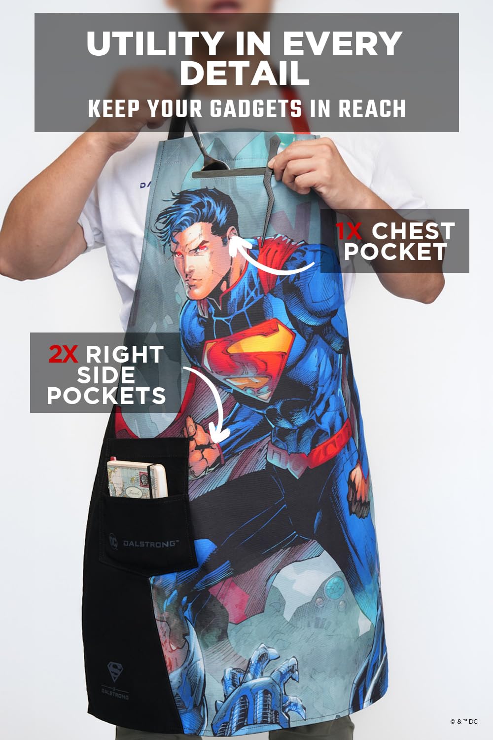 Dalstrong Chef Kitchen Apron - DC Superman™ Man of Steel Edition - Premium Cotton & Nylon Straps - 2 Pockets - Steel Hangloops-Unique Size Fit for All - Stain Resistant