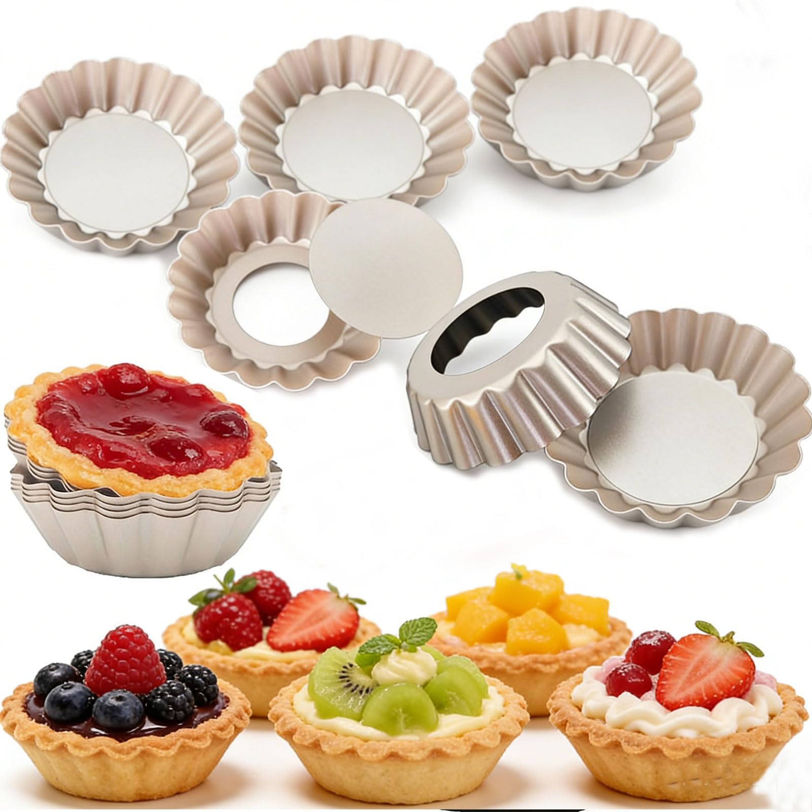 DATANYA Mini Tart Pans Removable Bottom 3 Inch, Carbon Steel Nonstick Quiche Pan Pie Tart Tin Mold, 0.8inches High for Baking Tartlets, Pies, Cakes, Cupcakes - Premium Champagne Gold 12PCS
