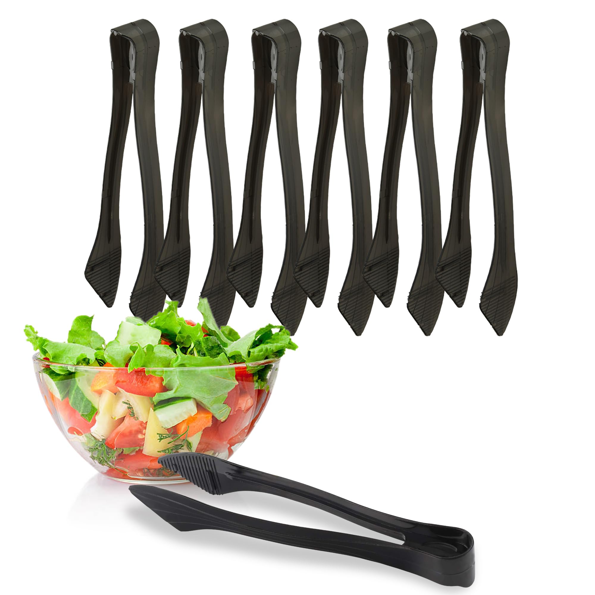 PARTY BARGAINS 8.5″ Black Plastic Serving Tongs 6-Pack – Heavy-Duty Disposable & Reusable Kitchen Tongs for Parties BBQ Buffet Salad Appetizers Catering