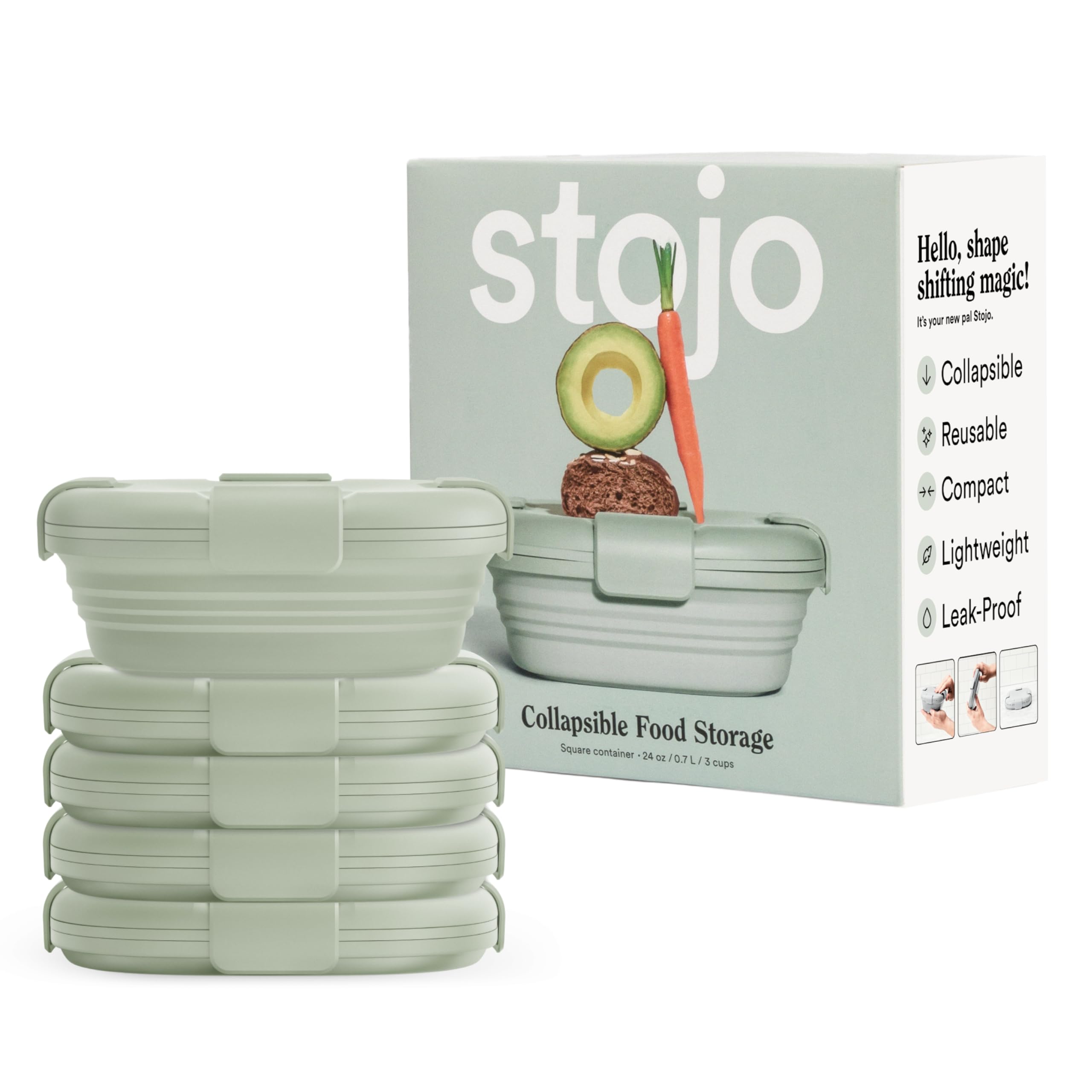STOJO Collapsible Sandwich Box – 24oz, Reusable Food Storage Container, Silicone Bowl for Hot/Cold Food – Meal Prep, Lunch, Camping, Hiking – Dishwasher Safe (Sage, Set of 5)