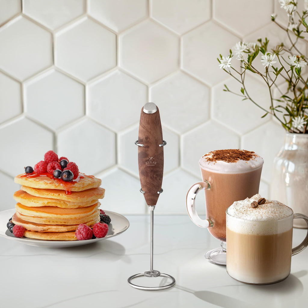 Zulay Kitchen Powerful Milk Frother Wand With Duracell Batteries - Ultra Fast Handheld Drink Mixer - Electric Whisk Foam Maker for Coffee, Lattes, Cappuccino & Matcha - Z1 Motor - Walnut